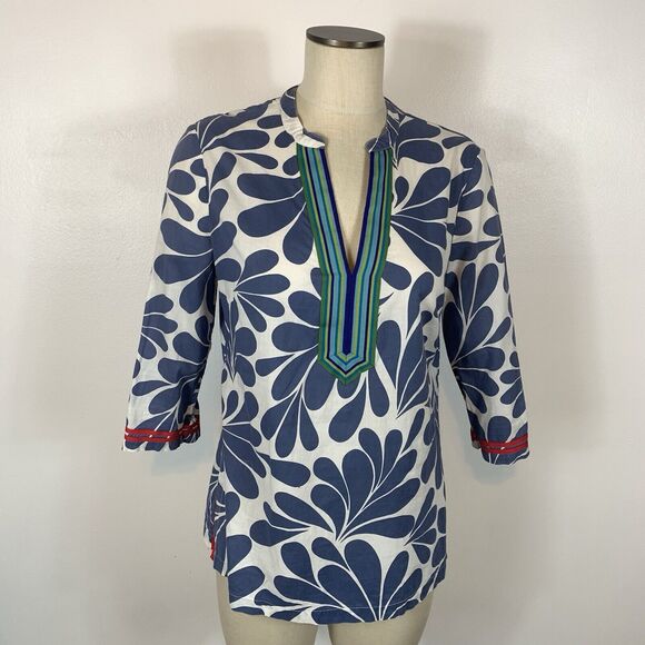 Boden Tops - Boden Ribbon Trim Tunic Blue White Blouse Top Size 8